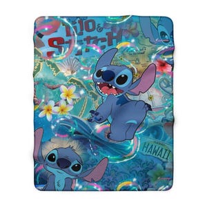 Stitch Sherpa Fleece Blanket, Cute Alien Cartoon Plush Throw, Cozy Kids Blanket, Soft Gift for Her 60" × 80"