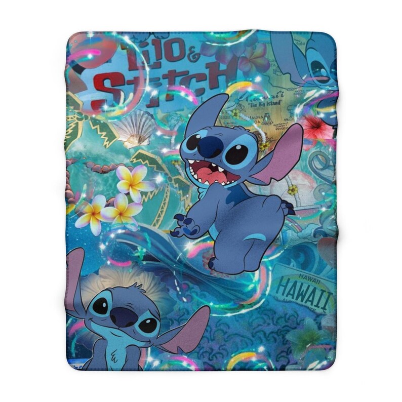 Stitch Sherpa Fleece Blanket, Cute Alien Cartoon Plush Throw, Cozy Kids Blanket, Soft Gift for Her 60" × 80"