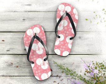 Witte teenslippers met hibiscuspatroon | Roze strandsandalen met bloemen