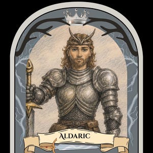 May include: A detailed illustration of a knight named Aldaric wearing silver plate armor and a horned crown. The knight has shoulder-length brown hair and holds a sword. The background features a grey arch with black antlers and lightning.