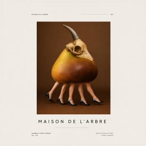 May include: A surreal art print titled MAISON DE L'ARBRE 014 featuring a large brown pear topped with a beige animal skull and horn, supported by five human legs wearing black high-heeled shoes against a solid brown background.
