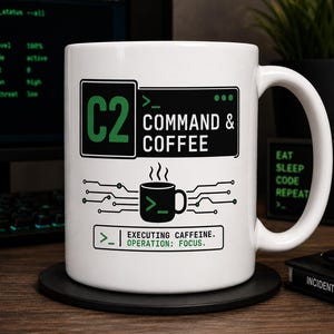 May include: White ceramic coffee mug with the text "C2 COMMAND & COFFEE" in black and green. The mug features a coffee cup graphic and the phrases "EXECUTING CAFFEINE. OPERATION: FOCUS." A black coaster supports the mug.