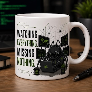 May include: A white ceramic mug featuring a graphic of a black spider wearing sunglasses and a hoodie, typing on a laptop. The text reads "WATCHING EVERYTHING. MISSING NOTHING." and "LOGS COFFEE REPEAT" on a small mug. Includes spider web art.