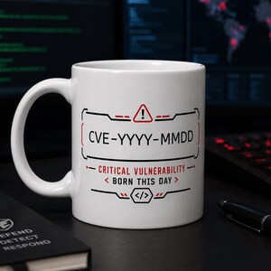 May include: White ceramic mug with black and red text that reads "CVE-YYYY-MMDD, CRITICAL VULNERABILITY, BORN THIS DAY". The mug has a black handle and is likely for coffee or tea. A notebook with the text "DEFEND DETECT RESPOND" is in the foreground.