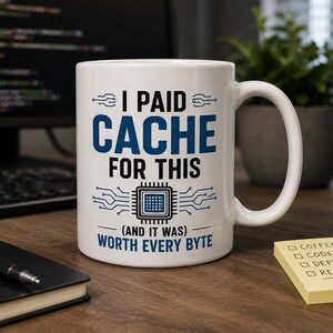 May include: White ceramic mug with the text "I PAID CACHE FOR THIS (AND IT WAS) WORTH EVERY BYTE" in blue and black. The mug features a circuit board design and is on a wooden desk.