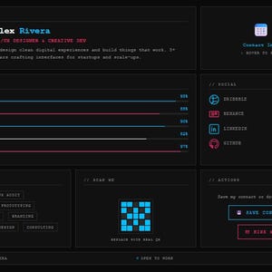 Könnte beinhalten: Dunkles Website-Design mit Profilbereich, Fähigkeiten, Diensten und Social-Media-Links. Das Profil enthält den Namen Alex Rivera, UI/UX Designer & Creative Dev. Fähigkeiten werden mit Fortschrittsbalken angezeigt.