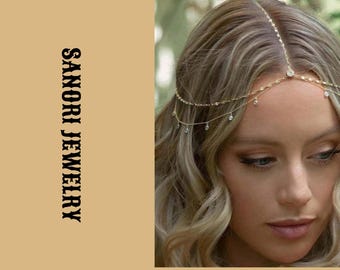 Gold Crystal Head Chain, Boho Bridal Hair Chain Headpiece