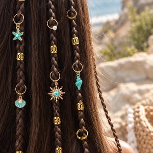 45 Piece Sunshine Ocean Hair Cuff Set, Starfish Shell Charms, Gold Braid Rings, Boho Beach Jewelry, Festival Hair Accessories