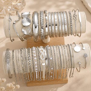 24-Piece Silver Tone Bracelet Set, Stackable Bangles, Chains, Heart Knot Pearl Rhinestone (Boho Jewelry)