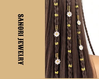 Daisy Hair Charms Set, Boho Braid Rings Floral Hair Jewelry