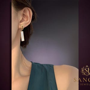Pendientes Colgantes Geométricos Blancos, Pendientes Dorados Rectangulares, Joyería Minimalista