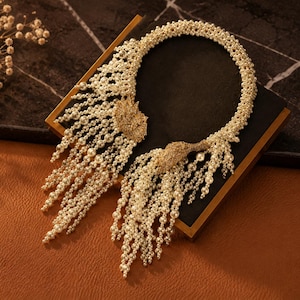 Collar Statement con Borlas de Perlas, Collar Multicapa Cabeza de León Dorada, Joyería Barroca Vintage para Mujer