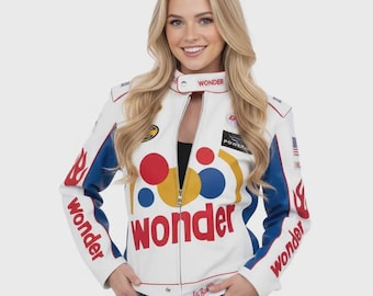 May include: A white, red, and blue racing-style jacket featuring the word wonder in large red letters on the front and sleeves. The jacket includes a stand-up collar with a snap closure, various circular graphic patches, and a zipper front.