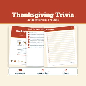 Thanksgiving Trivia Game Printable, 30 Questions with Answers, Friendsgiving Trivia, Thanksgiving Quiz for Adults Seniors and Kids image 1