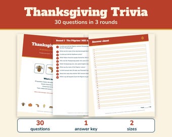 Thanksgiving Trivia Game Printable, 30 Questions with Answers, Friendsgiving Trivia, Thanksgiving Quiz for Adults Seniors and Kids