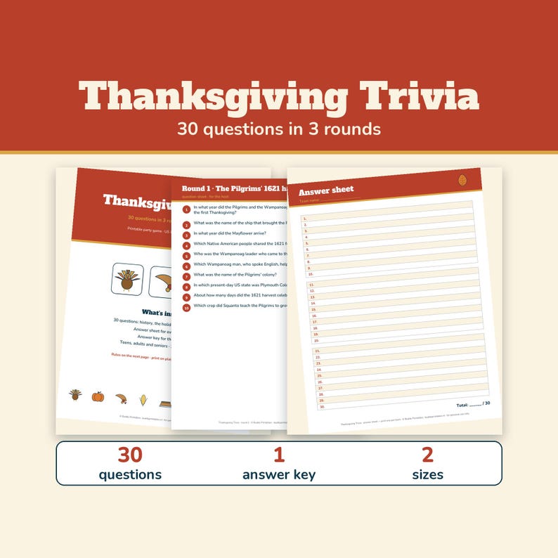 Thanksgiving Trivia Game Printable, 30 Questions with Answers, Friendsgiving Trivia, Thanksgiving Quiz for Adults Seniors and Kids image 1