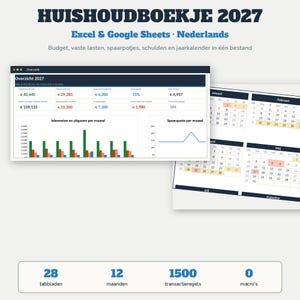 Haushaltsbuch 2027 (Excel) | Budgetplaner (Google Sheets, Niederländisch) | Fixe Ausgaben, Sparschweine, Schulden, Jahreskalender | Budgetplaner 2027 Bild 1