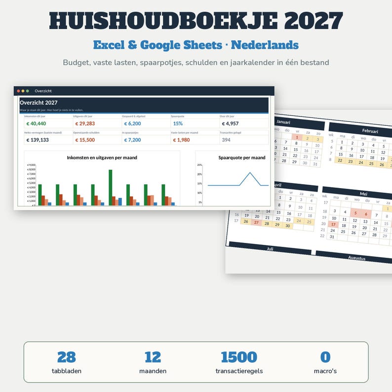 Haushaltsbuch 2027 (Excel) | Budgetplaner (Google Sheets, Niederländisch) | Fixe Ausgaben, Sparschweine, Schulden, Jahreskalender | Budgetplaner 2027 Bild 1