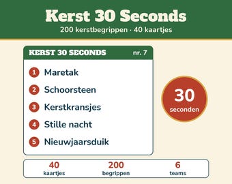 Kerst 30 Seconds 200 Begrippen | Kerstspel Nederlands Printable | Raadspel voor Kerstdiner, Kerstborrel, Familie en Oud en Nieuw