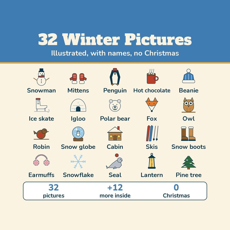 Winter Bingo 100 Cards, Printable Winter Picture Bingo Game for Kids and Adults, Classroom Winter Party, Snow Day Activity image 3