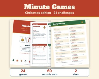 Christmas Minute Games, 24 One Minute Party Games Printable, Christmas Party Games for Kids and Adults, Family, Classroom, Office Party
