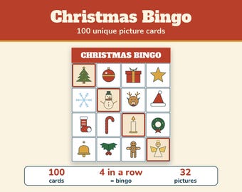Christmas Bingo 100 Cards, Printable Christmas Picture Bingo Game for Kids and Adults, Classroom Christmas Party, Office Game