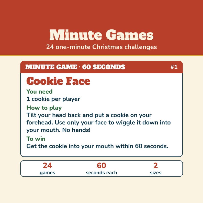 Christmas Minute Games, 24 One Minute Party Games Printable, Christmas Party Games for Kids and Adults, Family, Classroom, Office Party image 1