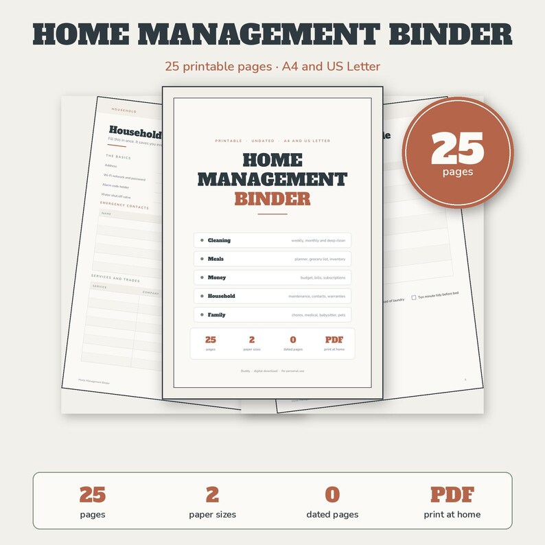Home Management Binder Printable | Cleaning Schedule Meal Planner Budget | Household Organizer 25 Pages | A4 US Letter Instant Download image 1