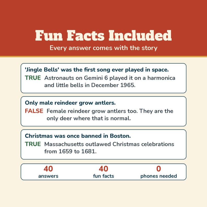 Christmas True or False Game, Printable Christmas Trivia with Fun Facts, Holiday Trivia for Kids Adults Seniors, Class or Office Party Bild 4