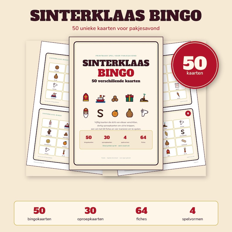 Sinterklaas Bingo 50 Cards | Children's Party Printable | Gift-Giving Evening Game Dutch | PDF Download image 1