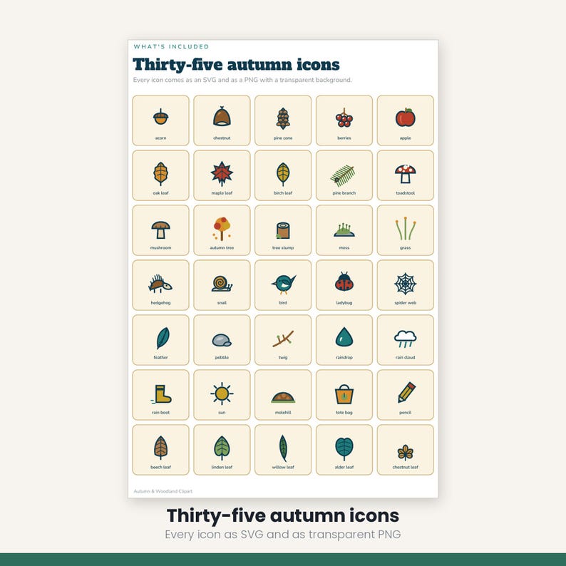 Autumn Woodland Clipart 35 Icons | SVG and Transparent PNG | Fall Leaves Hedgehog Mushroom | Cricut Silhouette Digital Download image 5