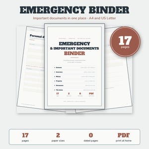 Emergency Binder Printable | Important Documents Organizer | In Case of Emergency Planner 17 Pages | A4 US Letter Instant Download image 1