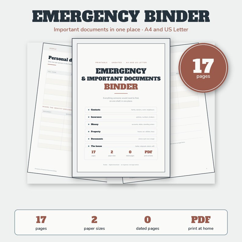 Emergency Binder Printable | Important Documents Organizer | In Case of Emergency Planner 17 Pages | A4 US Letter Instant Download image 1
