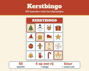Julbingo 50 kort med bilder | Julbingo för barn och familj | Utskrivbart julspel på holländska | Julmiddag, klassrum, juldrinkar