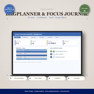 Dagplanner Excel NL 2026 | Focus Journal Productiviteit Tijdblokken Prioriteiten | Weekplanner Digitaal Nederlands | Direct Download