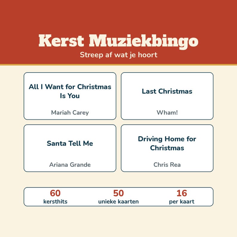 Christmas Music Bingo 60 Christmas Hits 50 Cards | Music Bingo Christmas Dutch Printable | Christmas Drinks, Christmas Party, Family, New Year's Eve image 3
