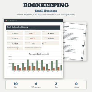 Small Business Bookkeeping Spreadsheet | Income Expense Tracker Excel Google Sheets | VAT Profit Loss Invoice | Instant Download