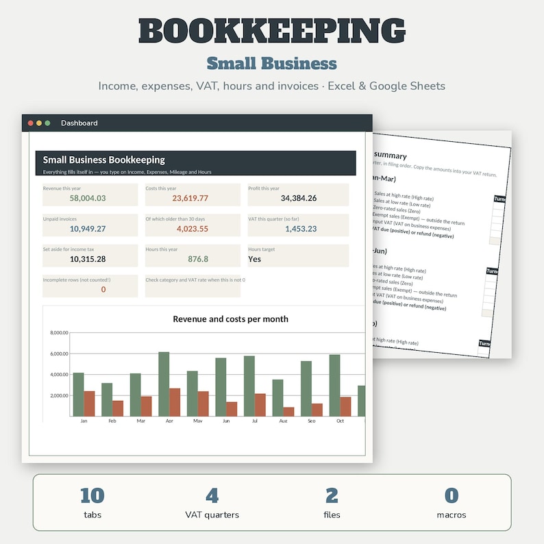 Small Business Bookkeeping Spreadsheet | Income Expense Tracker Excel Google Sheets | VAT Profit Loss Invoice | Instant Download image 1