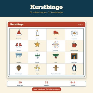 Paquete de juegos navideños en neerlandés | Bingo navideño (50 cartones), 30 segundos de Navidad, concurso navideño (60 preguntas), bingo musical navideño | Juego imprimible para la cena de Navidad imagen 2