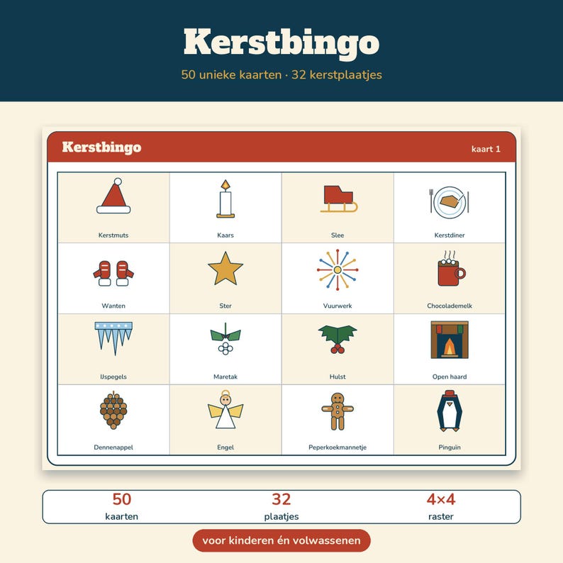 Paquete de juegos navideños en neerlandés | Bingo navideño (50 cartones), 30 segundos de Navidad, concurso navideño (60 preguntas), bingo musical navideño | Juego imprimible para la cena de Navidad imagen 2