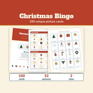 Christmas Bingo 100 Cards, Printable Christmas Picture Bingo Game for Kids and Adults, Classroom Christmas Party, Office Game image 1