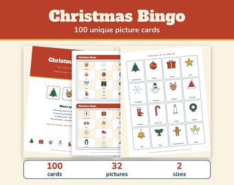 Christmas Bingo 100 Cards, Printable Christmas Picture Bingo Game for Kids and Adults, Classroom Christmas Party, Office Game