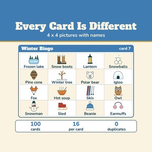 Winter Bingo 100 Cards, Printable Winter Picture Bingo Game for Kids and Adults, Classroom Winter Party, Snow Day Activity image 2