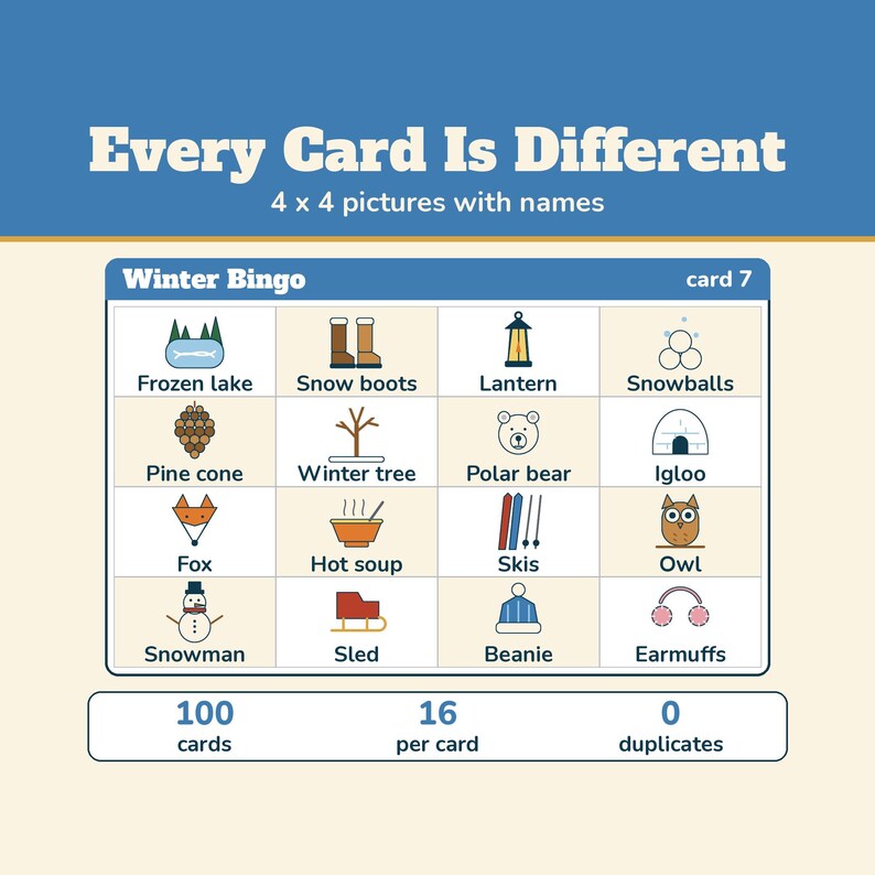 Winter Bingo 100 Cards, Printable Winter Picture Bingo Game for Kids and Adults, Classroom Winter Party, Snow Day Activity image 2