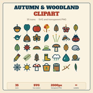 Autumn Woodland Clipart 35 Icons | SVG and Transparent PNG | Fall Leaves Hedgehog Mushroom | Cricut Silhouette Digital Download