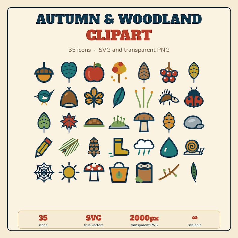 Autumn Woodland Clipart 35 Icons | SVG and Transparent PNG | Fall Leaves Hedgehog Mushroom | Cricut Silhouette Digital Download image 1