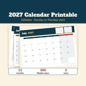 2027 Calendar Printable, Editable 2027 Monthly Calendar, Sunday or Monday Start, US Holidays, Week Numbers, Fillable PDF, Letter A4 image 1