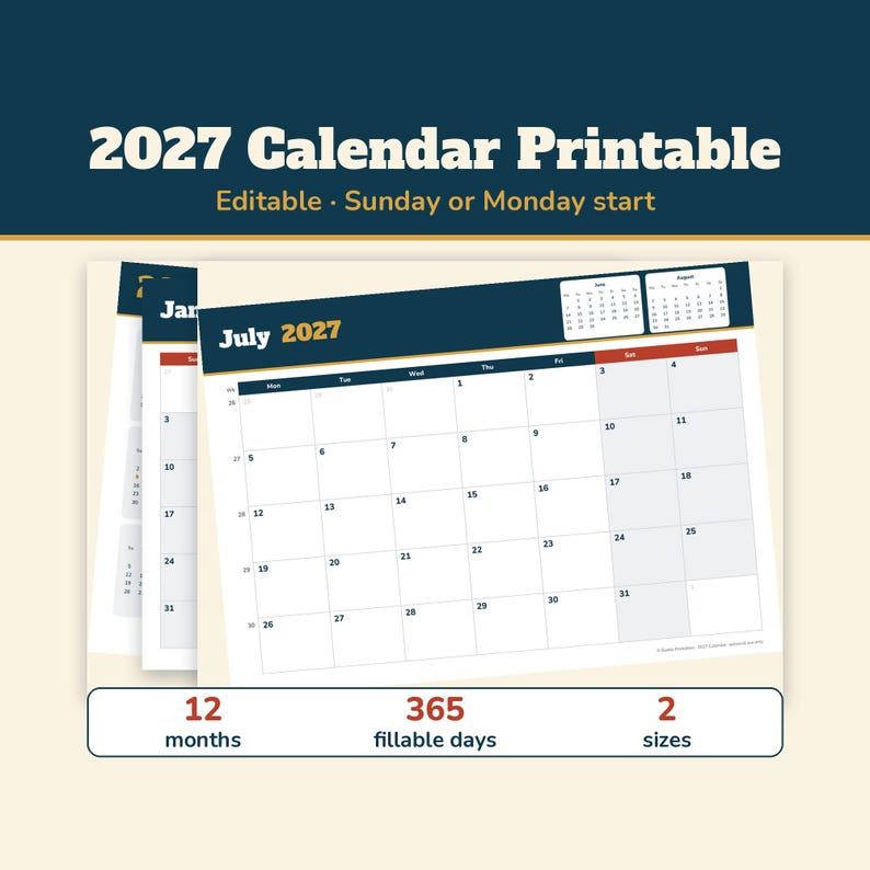 2027 Calendar Printable, Editable 2027 Monthly Calendar, Sunday or Monday Start, US Holidays, Week Numbers, Fillable PDF, Letter A4 image 1