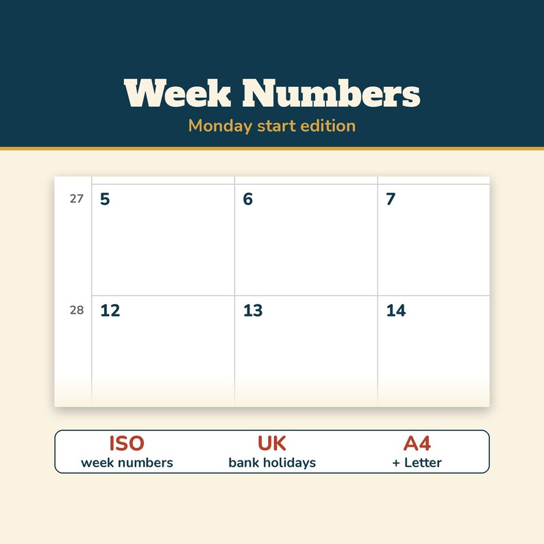 2027 Calendar Printable, Editable 2027 Monthly Calendar, Sunday or Monday Start, US Holidays, Week Numbers, Fillable PDF, Letter A4 image 5