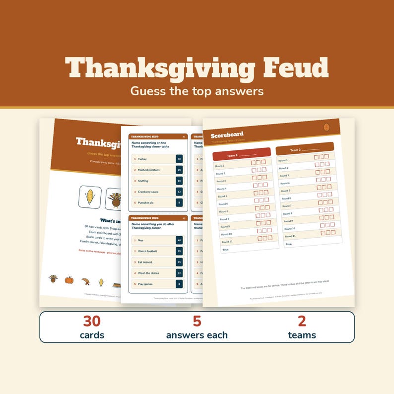 Thanksgiving Feud Game Printable, Friendsgiving Game, Guess the Top Answers, Family Thanksgiving Party Game for Adults and Kids image 1